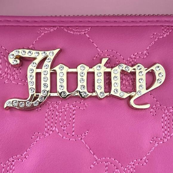 Juicy Couture Pink Heart-Quilted Bedazzled Heart Strap Wallet Zip Closure - Picture 5 of 8